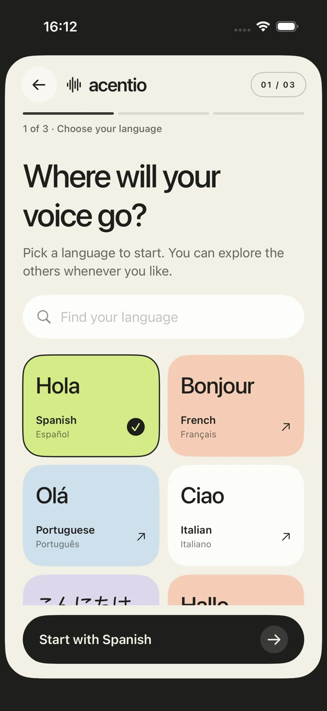 Acentio's language selector, showing useful greetings in different languages