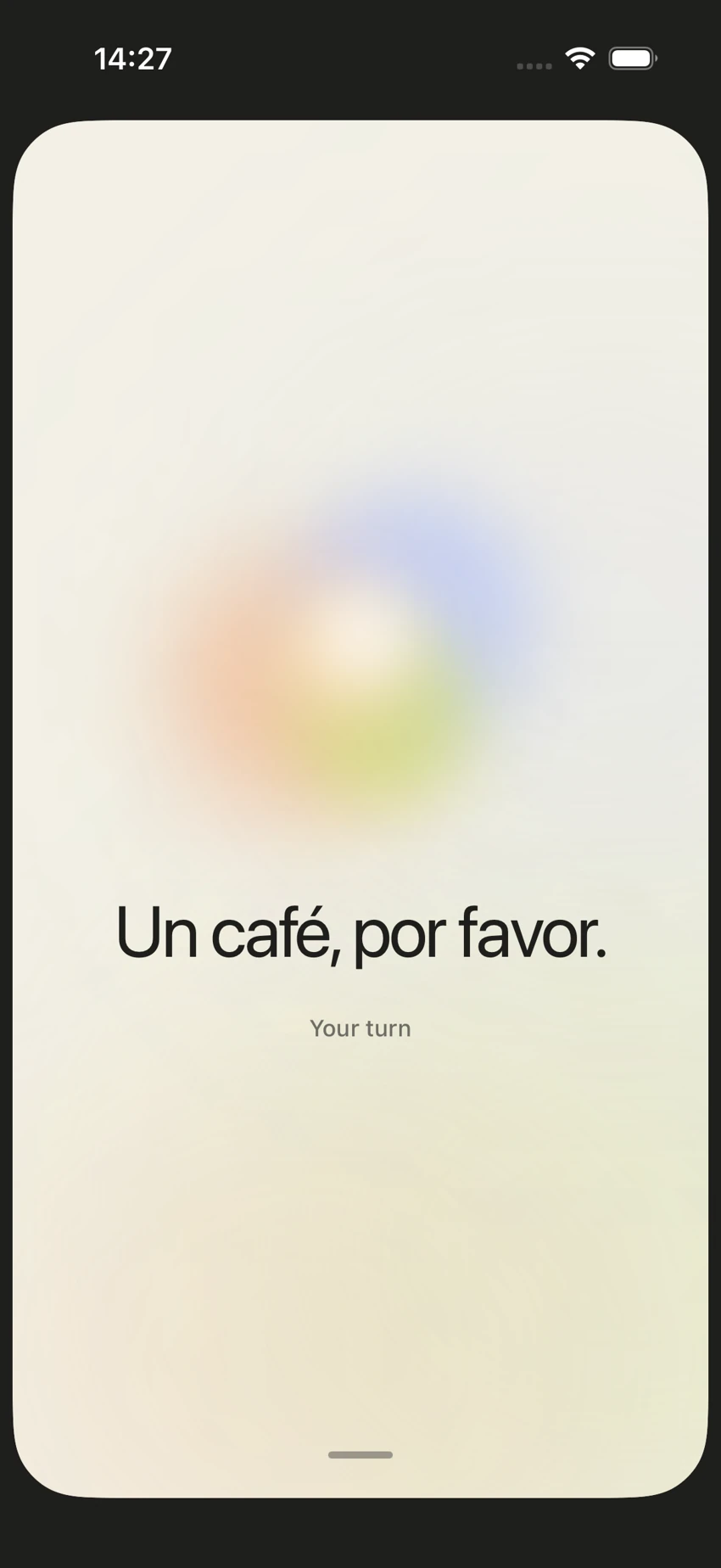 Acentio's iPhone conversation screen, with the phrase Un café, por favor and space for your turn