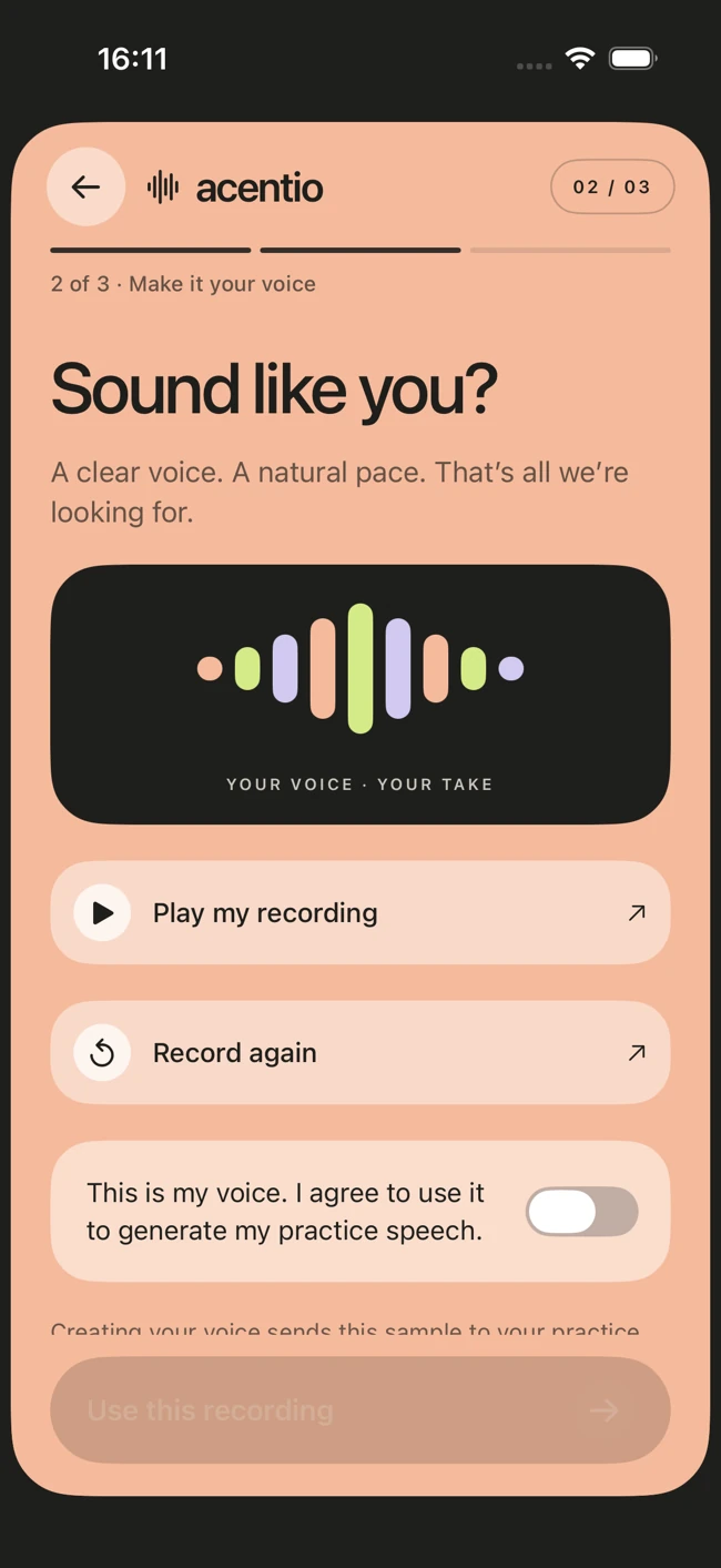 Review your voice recording in Acentio before approving its use