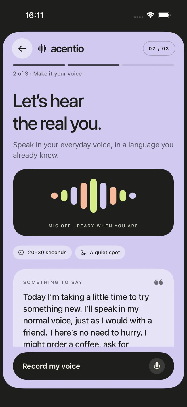 Acentio asks for a short voice sample, with a passage to read and a Record my voice button